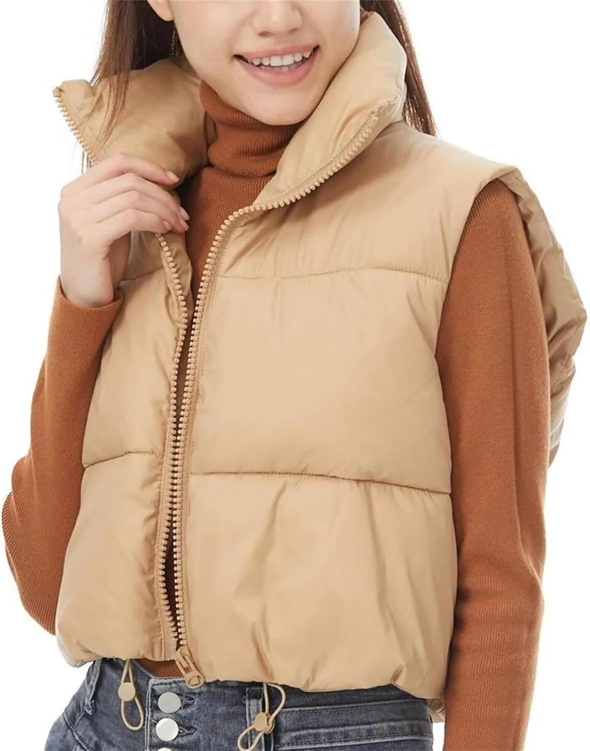 YSW Women's Cropped Puffer Vest Winter Warm Lightweight Sleeveless Outerwear Vests Stand Collar Padded Gilet