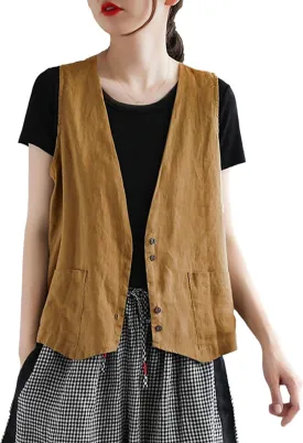 Zontroldy Womens Cotton Linen Vest Casual Loose V Neck Sleeveless Vests Jacket Blazer Waistcoat with Pockets